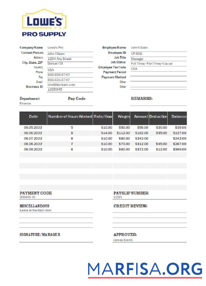 Downloadable USA Lowe’s Pro Supply wholesale company pay stub template